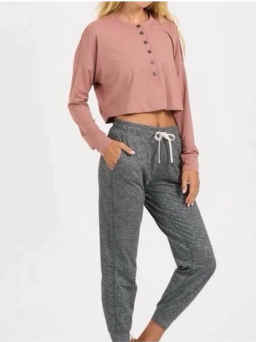 Vuori Cropped Henley Long Sleeve Top in Dusty Rose